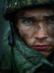 Canvas Print - Portrait of a young soldier with blue eyes and a dirty face