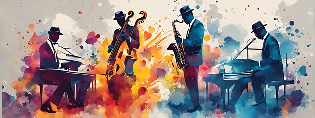 Jazz Music Background Poster with Band Instruments. Concert Piano Art and Abstract Design. Jazz Saxophone Music Flyer for Party, Festival, Singer, Orchestra, Musician, Guitar Player Banner.