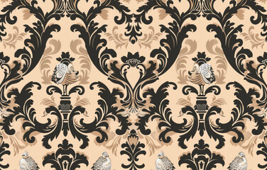 Wall Mural - Black and beige vector pattern with elegant baroque ornament, with white peacocks on the edges of each motif