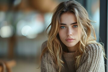 Poster - portrait of a beautiful blonde woman in a brown sweater