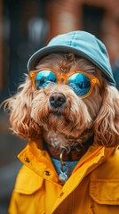 portrait photo of a dog wearing a blue transparent clear lens shades and a baseball cap and a yellow rain jacket with a white background