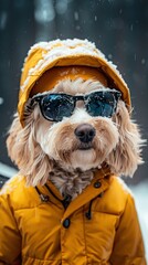 portrait photo of a dog wearing a blue transparent clear lens shades and a baseball cap and a yellow rain jacket with a white background