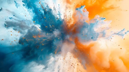 Wall Mural - Blue and orange color explosion on white background, dramatic and vibrant.