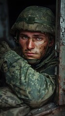 Canvas Print - Portrait of a young soldier in a military uniform and helmet