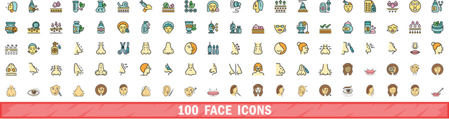Wall Mural - 100 face icons set. Color line set of face vector icons thin line color flat on white