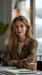 Poster - Beautiful Woman with Blonde Hair Sitting at a Table in a Cafe