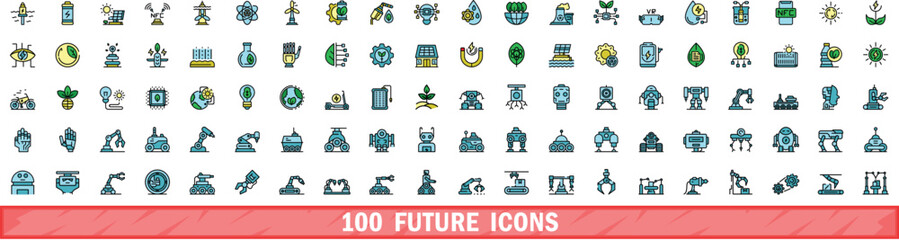 Poster - 100 future icons set. color line set of future vector icons thin line color flat on white