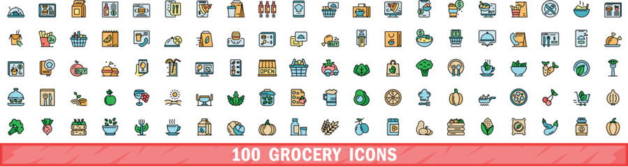 Poster - 100 grocery icons set. color line set of grocery vector icons thin line color flat on white