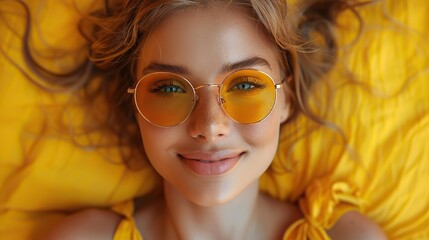 Poster - selfie fashion and woman with sunglasses on yellow background color wall and gen z backdrop happy young female. stock image
