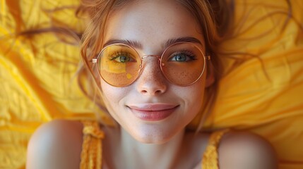 Poster - selfie fashion and woman with sunglasses on yellow background color wall and gen z backdrop happy young female. stock image