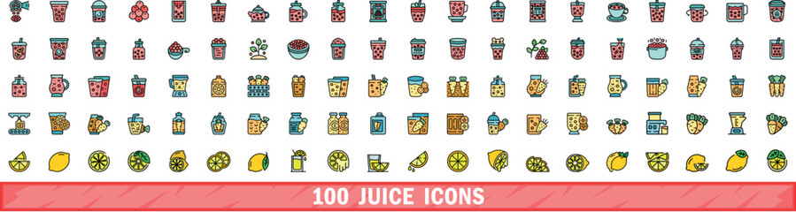 Wall Mural - 100 juice icons set. Color line set of juice vector icons thin line color flat on white