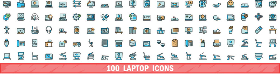 Poster - 100 laptop icons set. color line set of laptop vector icons thin line color flat on white