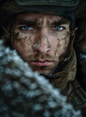 Poster - Portrait of a soldier with blue eyes and a beard, wearing a military uniform and a helmet, with a camouflage pattern on his face