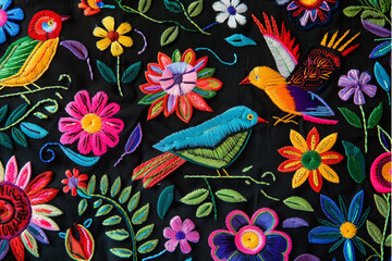 Wall Mural - colorful Mexican embroidered fabric with birds and flowers, black background,
