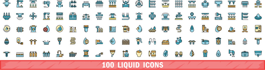 Poster - 100 liquid icons set. Color line set of liquid vector icons thin line color flat on white