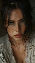 Wall Mural - portrait of a beautiful young woman with freckles