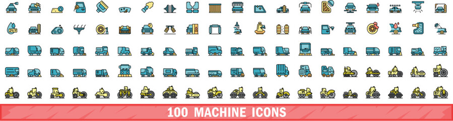Poster - 100 machine icons set. Color line set of machine vector icons thin line color flat on white