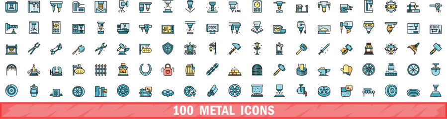 Poster - 100 metal icons set. Color line set of metal vector icons thin line color flat on white