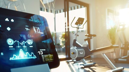 Poster - connected home gym, close-up on smart fitness equipment with heart rate monitors, bright focus light