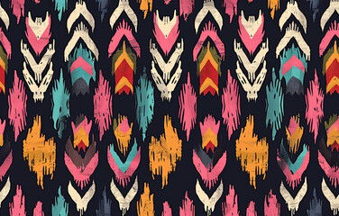 Wall Mural - ikat ethnic pattern with colorful lines and chevron shapes on dark background