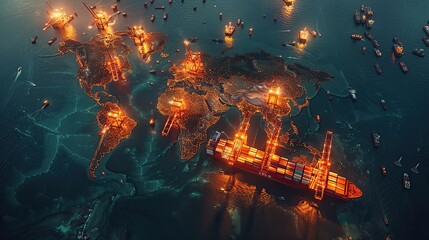 Poster - world map with logistic network distribution on background and logistics industrial container cargo 