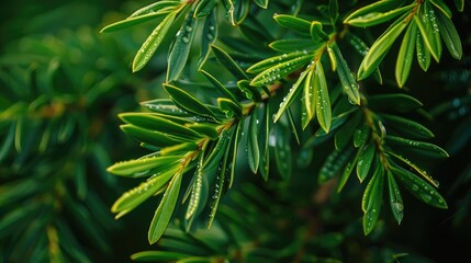 Sticker - Close up of yew berry leaves in macro view