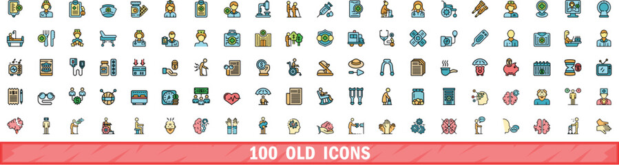 Poster - 100 old icons set. color line set of old vector icons thin line color flat on white