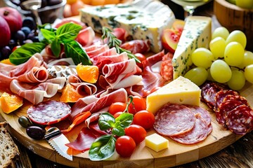 Wall Mural - A beautifully arranged charcuterie board with a variety of cheeses, meats, and fruits, set on a rustic wooden table.