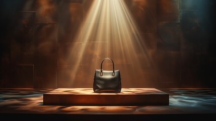 Wall Mural - black leather bag is displayed on a display stand.