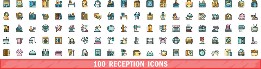 Poster - 100 reception icons set. Color line set of reception vector icons thin line color flat on white