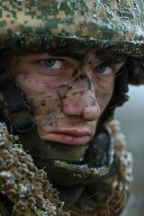 Wall Mural - Close Up Portrait of a Dirty Soldier Wearing a Camouflage Helmet in the Snow