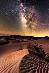 Wall Mural - A serene desert landscape with sand dunes and a clear, starry sky. The scene is calm and expansive.