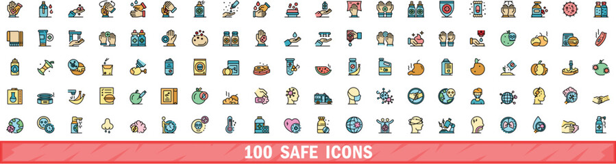 Poster - 100 safe icons set. color line set of safe vector icons thin line color flat on white