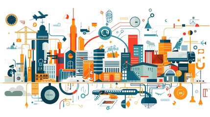 Poster -  A business expanding its product lines and entering new industries, illustrated with a variety of products and services branching out from a central hub