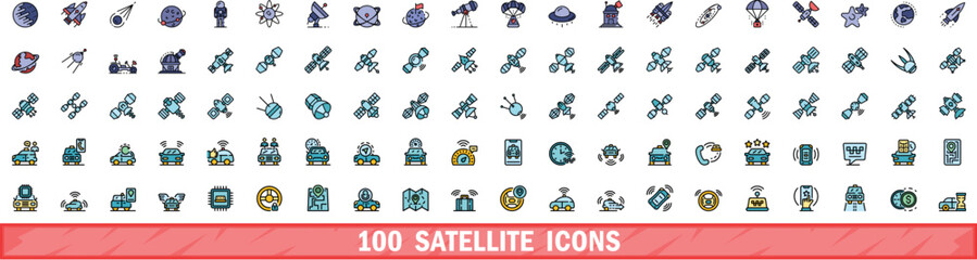 Poster - 100 satellite icons set. Color line set of satellite vector icons thin line color flat on white