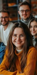 portrait of a smiling young woman with glasses in orange sweater