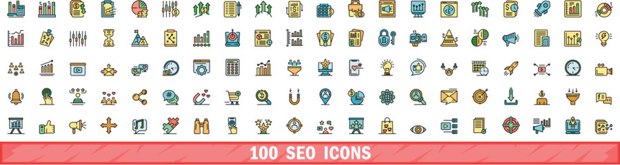 Poster - 100 seo icons set. color line set of seo vector icons thin line color flat on white