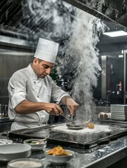 A professional chef preparing a dish in a high-end kitchen, with detailed ingredients and cooking techniques displayed.