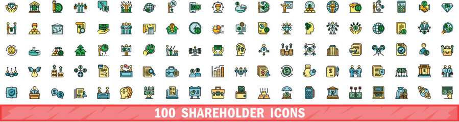 Poster - 100 shareholder icons set. Color line set of shareholder vector icons thin line color flat on white