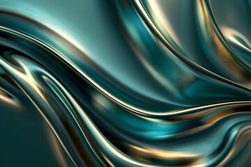 Wall Mural - Abstract background, satin liquid metallic sheen, fluid lines, green white and gold colors, smooth, elegant curves, luxurious feel, 3D.