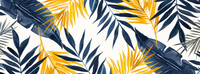 Wall Mural - hand drawn illustration of palm leaves in navy blue, mustard yellow and dark grey on white background