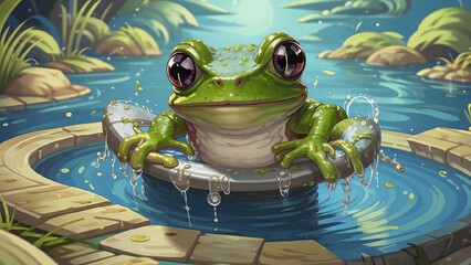 Wall Mural - A green frog frolicking in a pond of blue water, close-up.