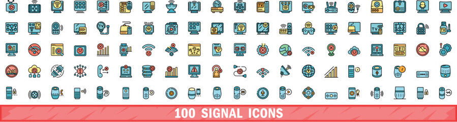Poster - 100 signal icons set. Color line set of signal vector icons thin line color flat on white