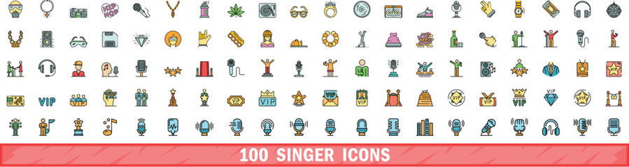 Wall Mural - 100 singer icons set. Color line set of singer vector icons thin line color flat on white