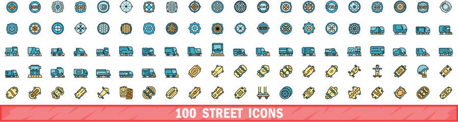Poster - 100 street icons set. Color line set of street vector icons thin line color flat on white
