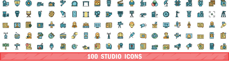 Poster - 100 studio icons set. Color line set of studio vector icons thin line color flat on white