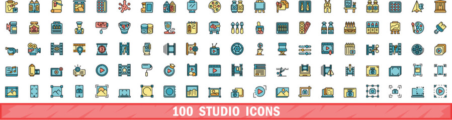 Poster - 100 studio icons set. Color line set of studio vector icons thin line color flat on white