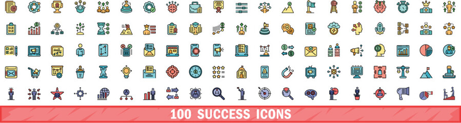 Poster - 100 success icons set. Color line set of success vector icons thin line color flat on white
