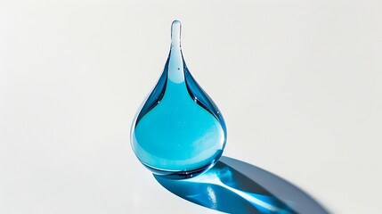 Wall Mural - blue water drop suspended mid-air, casting a shadow on white.