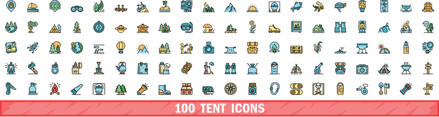 Poster - 100 tent icons set. color line set of tent vector icons thin line color flat on white